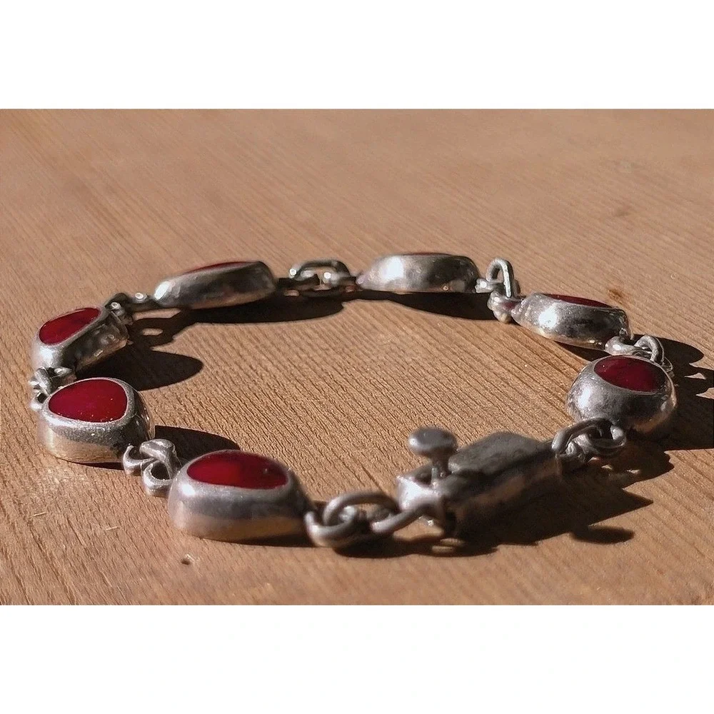 Vintage Sterling Silver Red Jasper Gemstone Teardrop Link Bracelet 925 Mexico